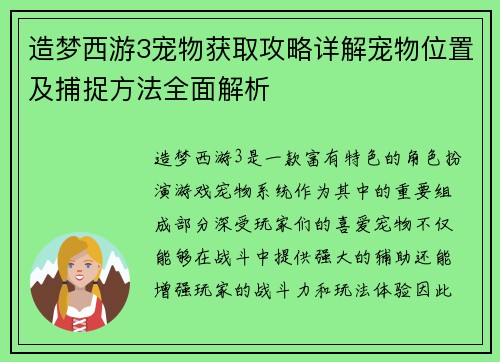 造梦西游3宠物获取攻略详解宠物位置及捕捉方法全面解析
